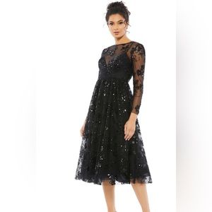 Mac Duggal Embellished Illusion Long Sleeve Midi Dress Size 2 Black Lavender